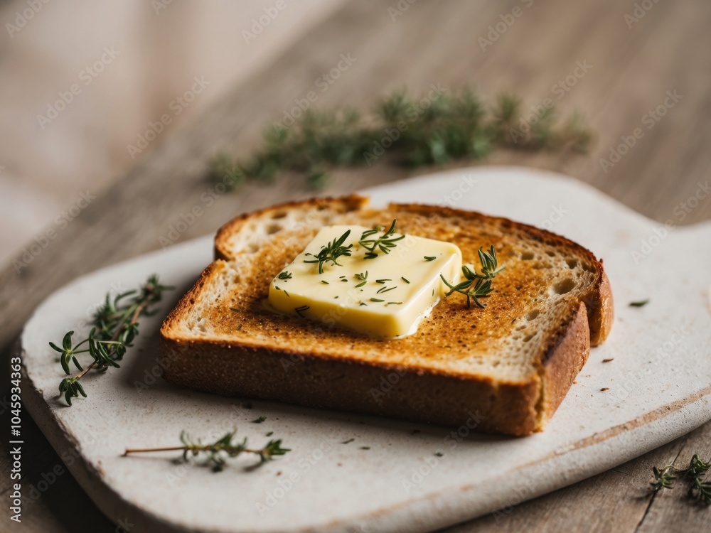 delicious and hot just toasted toast with a melting piece of butter and aromatic herbs. delicious and hot just toasted toast with a melting piece of butter and aromatic herbs.