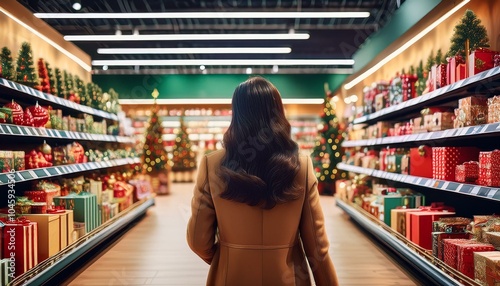 Uma pessoa no mercado decorado com artigos de natal fazendo compras natalinas