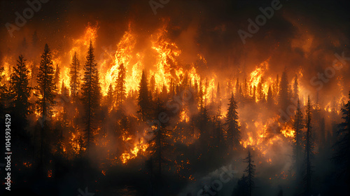 A wildfire raging through a dense forest, with towering flames and thick smoke filling the sky