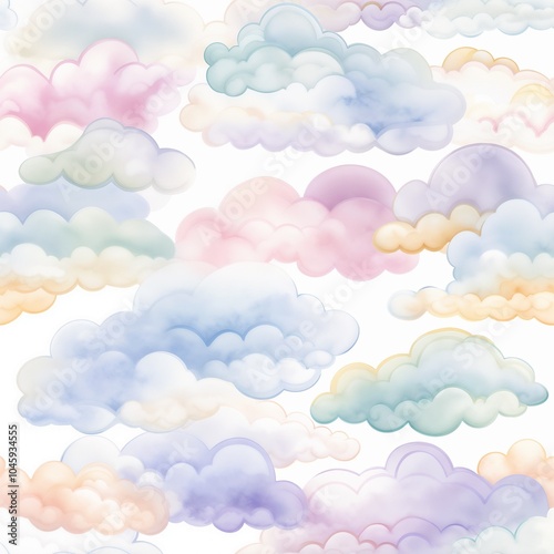 Seamless pattern of dreamy pastel clouds in soft colors on a light background