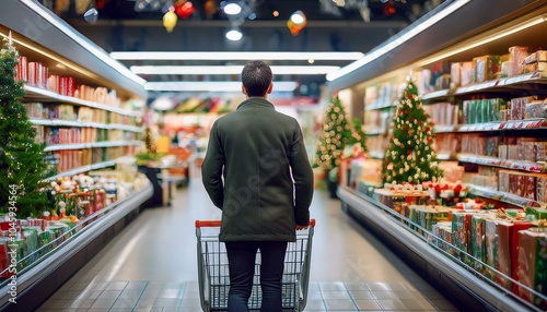 Uma pessoa no mercado decorado com artigos de natal fazendo compras natalinas