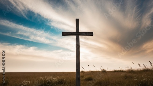 Wooden cross in field under dramatic cloudy sky. photo