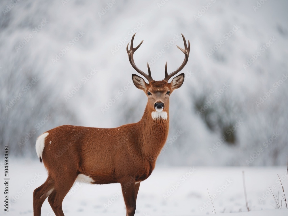 Red deer exuding grace in a snowy tableau.