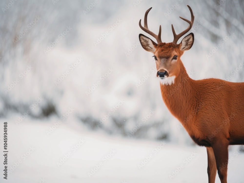 Red deer exuding grace in a snowy tableau. Red deer exuding grace in a snowy tableau.