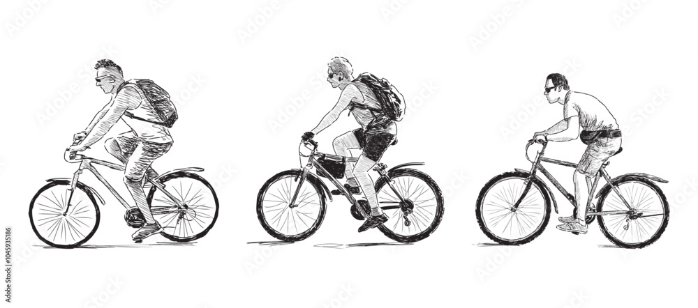 Fototapeta premium Cyclists riding bikes, three young men in sunglasses with backpacks, active sports citizens, profile view, realistic sketch, vector hand drawing isolated on white