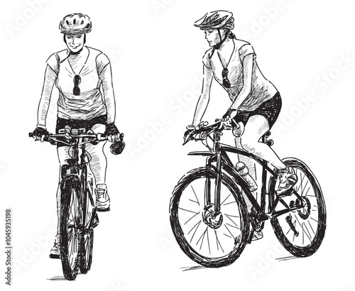 Cyclists young women riding bike, active sports girls, sketches, vector hand drawing isolated on white