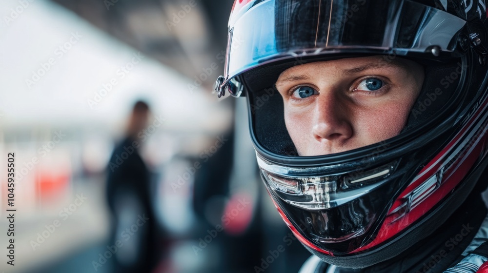 A professional racer prepares intensely in a helmet, showcasing determination while waiting for the race to begin at dawn. Generative AI A professional racer prepares intensely in a helmet, showcasing determination while waiting for the race to begin at dawn. Generative AI