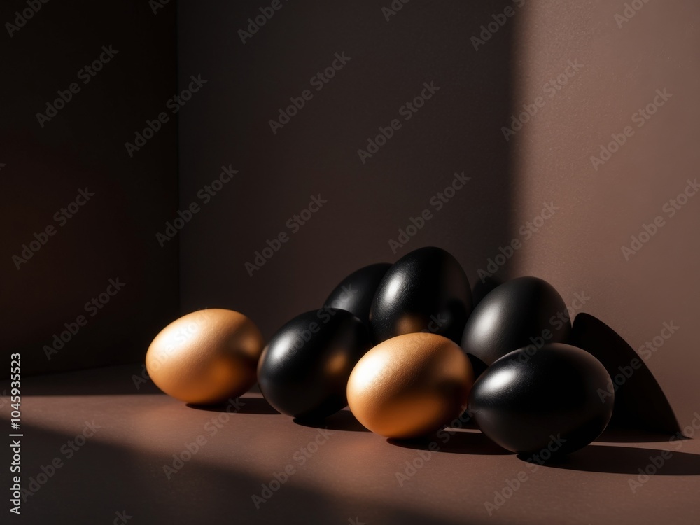 Naklejka premium A collection of golden and black eggs arranged on a dark background.