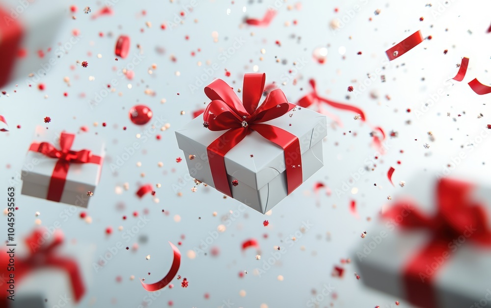 flying white gift boxes with red ribbon bows and golden Christmas ornaments on a light background. New Year, birthday, or Christmas concept. Mockup for product presentation flying white gift boxes with red ribbon bows and golden Christmas ornaments on a light background. New Year, birthday, or Christmas concept. Mockup for product presentation