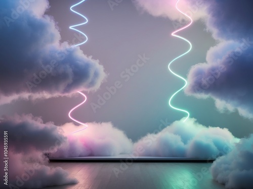 Empty stage surrounded by clouds and neon lights. photo