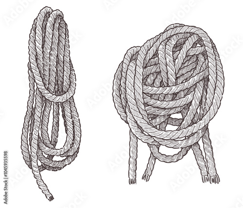 Hand drawing of rigging rope skeins, vector illustration isolated on white