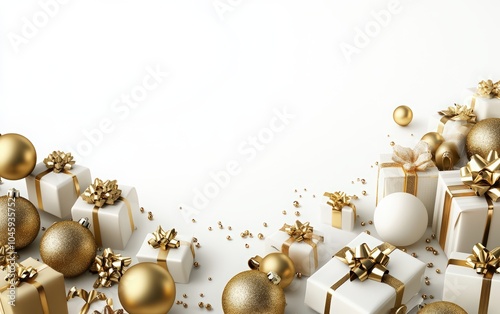 flying white gift boxes with red ribbon bows and golden Christmas ornaments on a light background. New Year, birthday, or Christmas concept. Mockup for product presentation