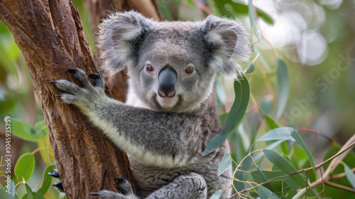 This koala, nestled among green leaves, enjoys the tranquility of its environment while showcasing its relaxed demeanor.