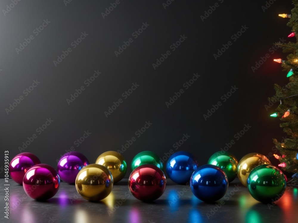 vivid iridescent spheres with glossy surface reflecting festive lights. vivid iridescent spheres with glossy surface reflecting festive lights.