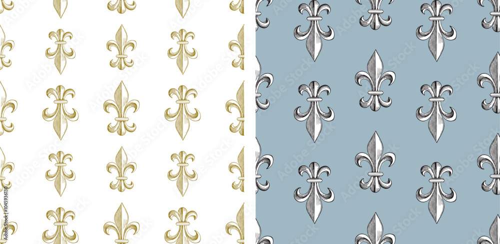 Seamless patterns of outlines Fleur de Lys, french lily, heraldic medieval symbol, vector background, wallpaper, paper,textile Seamless patterns of outlines Fleur de Lys, french lily, heraldic medieval symbol, vector background, wallpaper, paper,textile