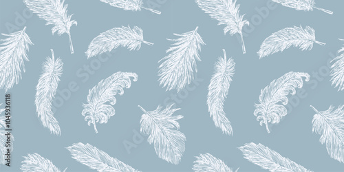 Seamless pattern of sketches different white birds feathers, vector hand drawn background, wallpaper, textile, paper