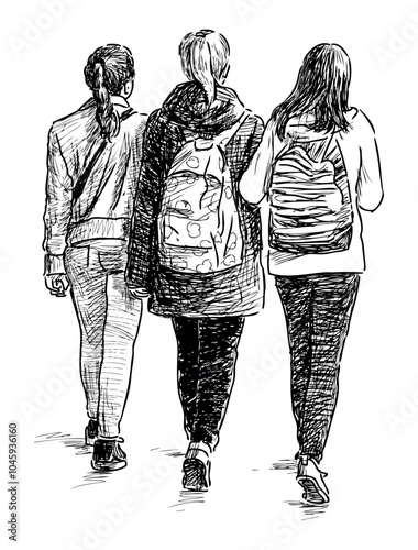 Sketch of three teen students girls walking outdoors, vector realistic hand drawing, back view