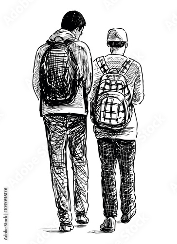 Sketch of two school teen boys friends walking outdoors, vector realistic hand drawing, back view