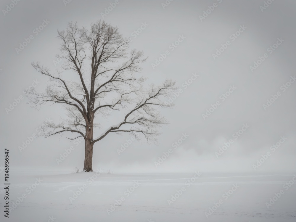Fototapeta premium A single tree stands tall in a snowy environment.
