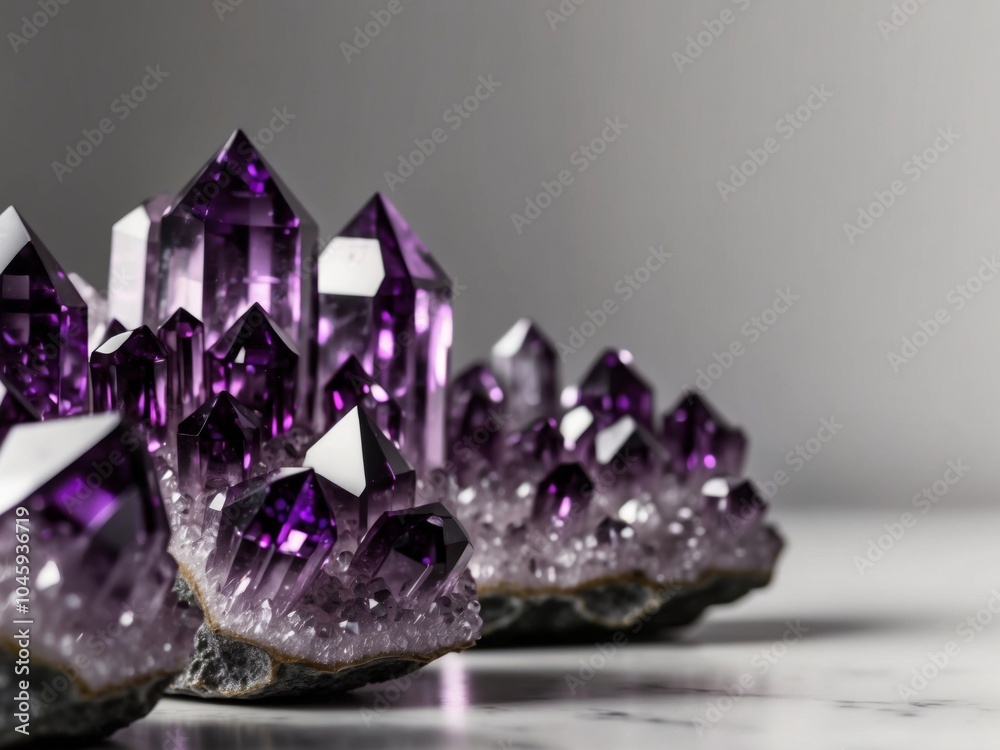 close up of shimmering amethyst crystals highlighting natural geometric shapes. close up of shimmering amethyst crystals highlighting natural geometric shapes.