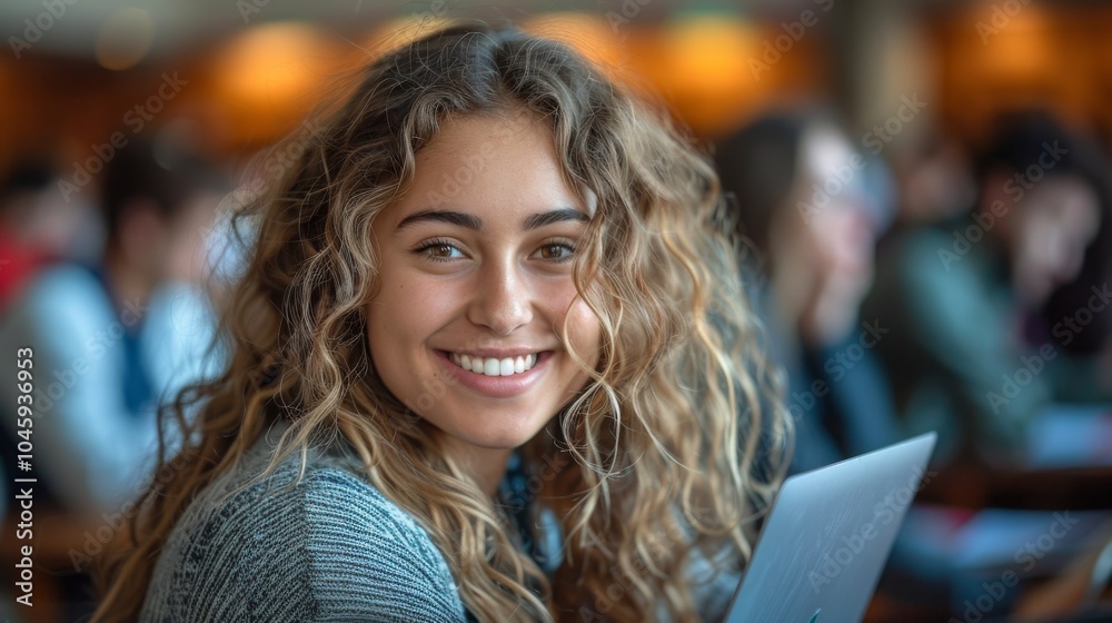 Intelligent-looking female student happily working on her laptop in a university classroom, embodying dedication to academic pursuits