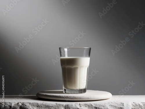 glass of milk on light stone surface and dark background.