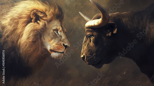 Lion facing a bull closeup created with Generative AI