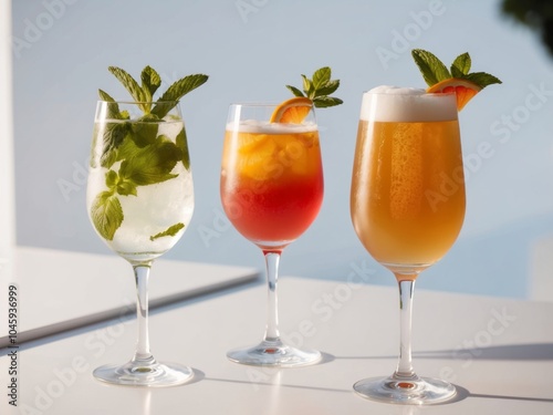 A trio of glasses with a variety of beverages and a garnish of mint and orange slices.