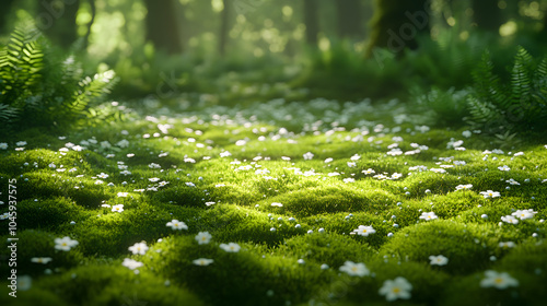 A Mesmerizing Close-Up Perspective of a Mossy Forest Floor Showcasing Nature's Colors