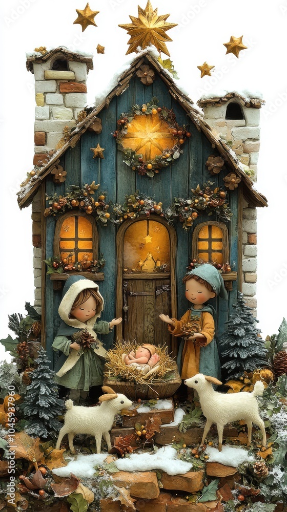 Fototapeta premium Charming Christmas nativity scene with children and lambs in a snowy setting.