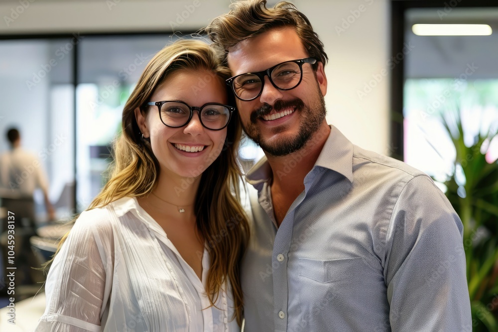 A cheerful image of a male and female business couple smiling confidently in a modern office environment showing professionalism, teamwork, and positivity. A cheerful image of a male and female business couple smiling confidently in a modern office environment showing professionalism, teamwork, and positivity.