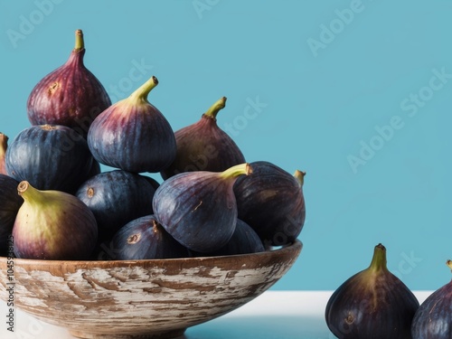 Fresh ripe figs in a wooden bowl on a blue background.