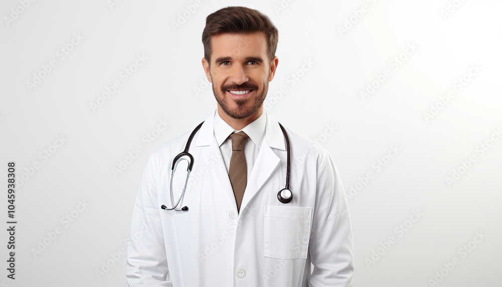 A smiling male doctor with a stethoscope, wearing a white robe and tie, stands on a white background. A smiling male doctor with a stethoscope, wearing a white robe and tie, stands on a white background.