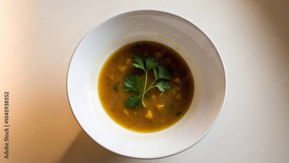 A warm bowl of soup garnished with a fresh sprig of parsley. A warm bowl of soup garnished with a fresh sprig of parsley.