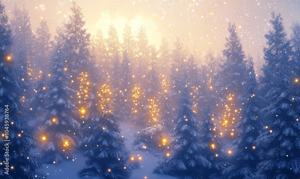 Naklejka premium A serene winter forest scene with snow-covered pine trees, illuminated by glowing Christmas lights and soft, golden sparkles scattered throughout the frosty air.
