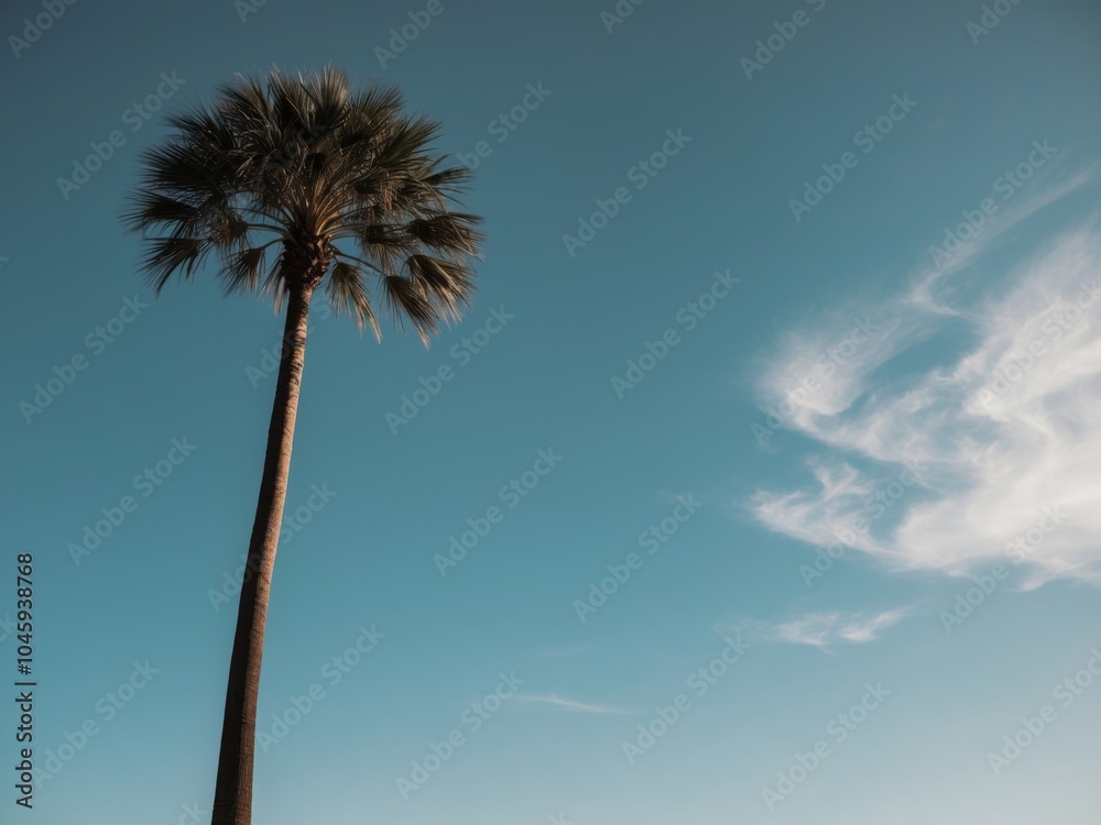 Obraz premium A lone palm tree stands under a clear blue sky with a few white clouds.