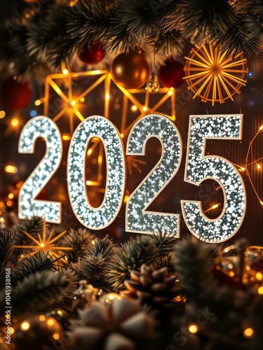 New Year 2025, sparkling diamond numbers, golden fireworks, Christmas tree branches, festive holiday lights, bokeh effect, warm glowing background, celebratory atmosphere, detailed ornaments, shimmeri photo