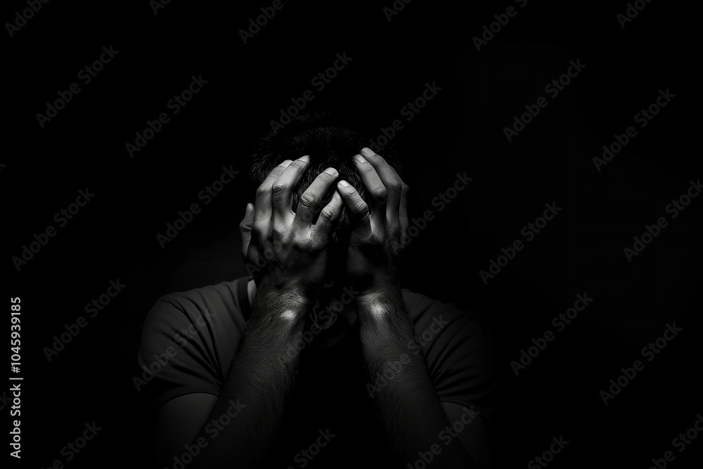 Emotional image of a man in deep thought or despair sitting in darkness with his head in his hands. Emotional image of a man in deep thought or despair sitting in darkness with his head in his hands.