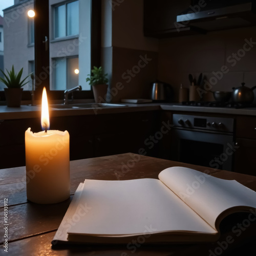 there is a candle burning on the table in the kitchen and empty sheets of paper lying around mockup