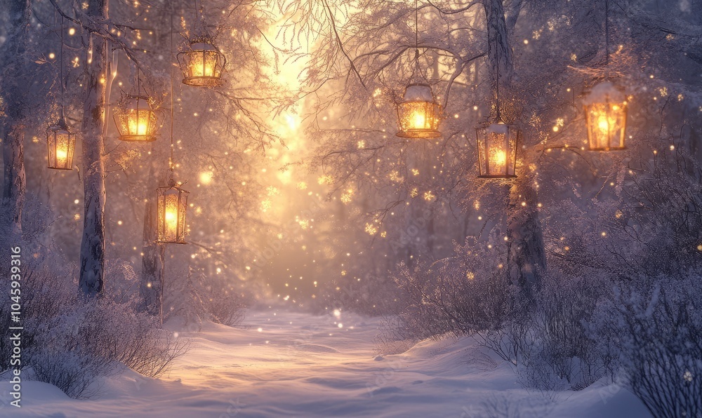 A peaceful snowy forest illuminated by the soft glow of Christmas lanterns hanging from frosted branches, with delicate golden light filtering through the snow A peaceful snowy forest illuminated by the soft glow of Christmas lanterns hanging from frosted branches, with delicate golden light filtering through the snow