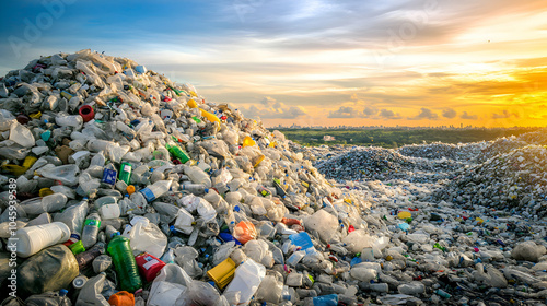  A landfill overflowing with plastic waste, with mountains of discarded bottles, bags, and packaging
