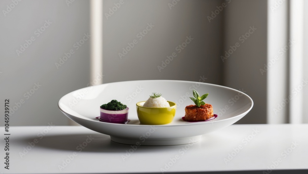 A white plate filled with three distinct dishes. A white plate filled with three distinct dishes.