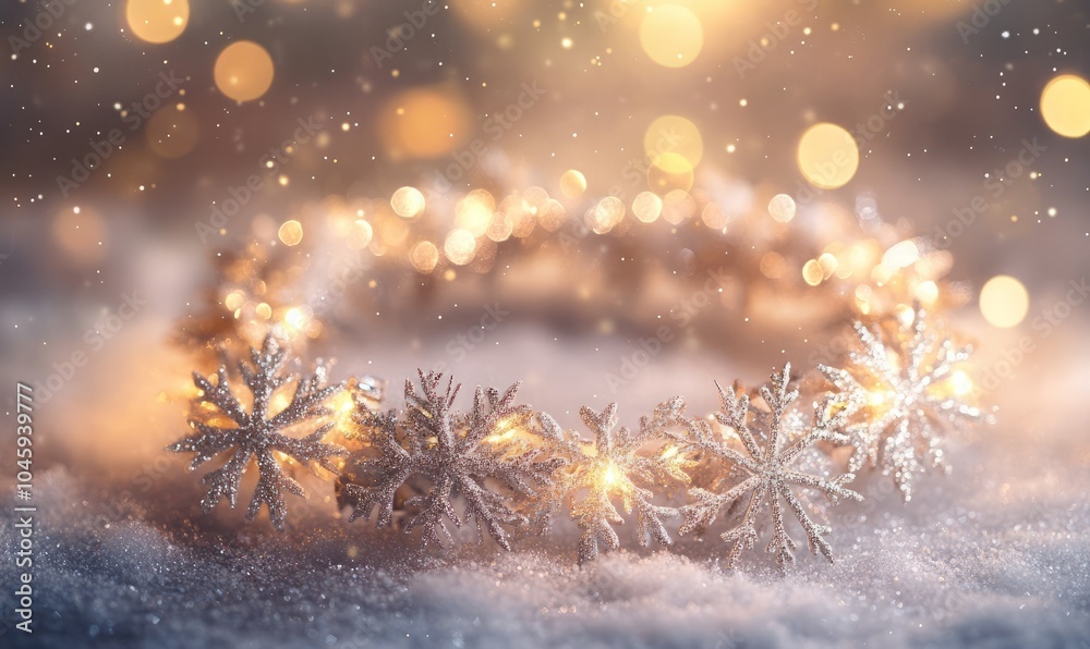 A shimmering Christmas wreath made of crystal-like snowflakes and delicate glowing stars, set against a softly blurred frosty background with a touch of golden light. A shimmering Christmas wreath made of crystal-like snowflakes and delicate glowing stars, set against a softly blurred frosty background with a touch of golden light.