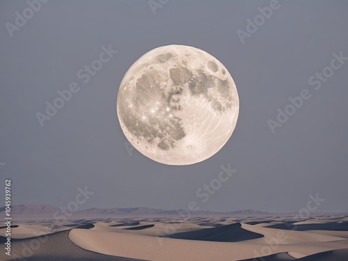 A vast desert scene under the bright light of a massive moon. photo