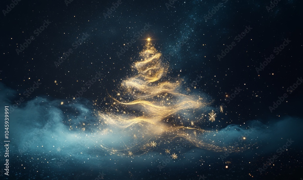 An abstract Christmas tree made of swirling light trails, delicate snowflakes, and golden sparkles, set against a dark, star-filled night sky An abstract Christmas tree made of swirling light trails, delicate snowflakes, and golden sparkles, set against a dark, star-filled night sky