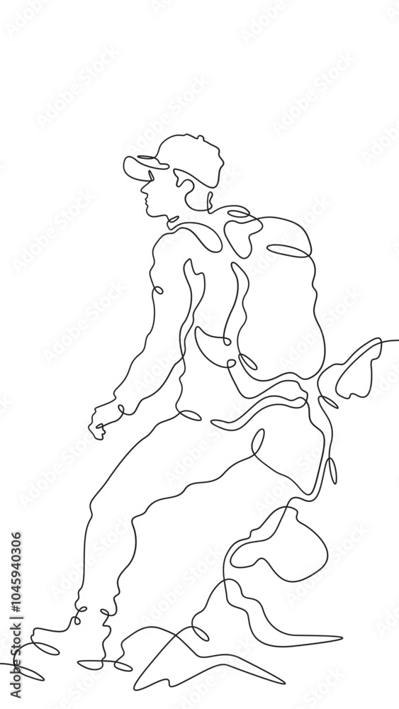 Continuous one line drawing tourist with a backpack in the mountains. Mountaineering. Rock climbing. High mountains. One continuous line isolated minimal vertical illustration. Continuous one line drawing tourist with a backpack in the mountains. Mountaineering. Rock climbing. High mountains. One continuous line isolated minimal vertical illustration.