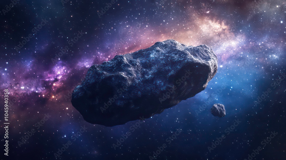 A large asteroid with a smaller one in the distance, against a backdrop of a starry night sky with a colorful nebula. A large asteroid with a smaller one in the distance, against a backdrop of a starry night sky with a colorful nebula.