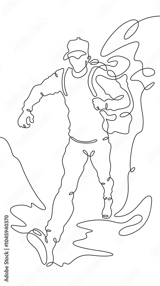 Continuous one line drawing tourist with a backpack in the mountains. Mountaineering. Rock climbing. High mountains. One continuous line isolated minimal vertical illustration. Continuous one line drawing tourist with a backpack in the mountains. Mountaineering. Rock climbing. High mountains. One continuous line isolated minimal vertical illustration.