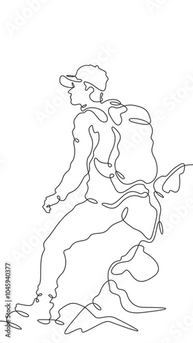 Continuous one line drawing tourist with a backpack in the mountains. Mountaineering. Rock climbing. High mountains. One continuous line isolated minimal vertical illustration.