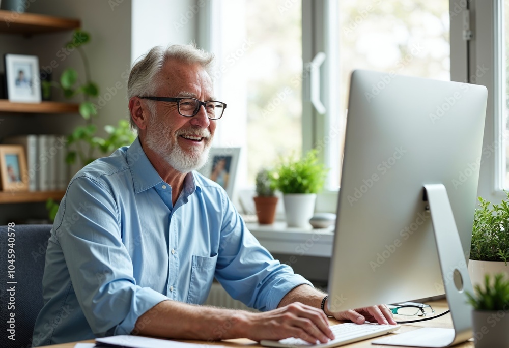 Cheerful senior man working at desk in bright office Cheerful senior man working at desk in bright office